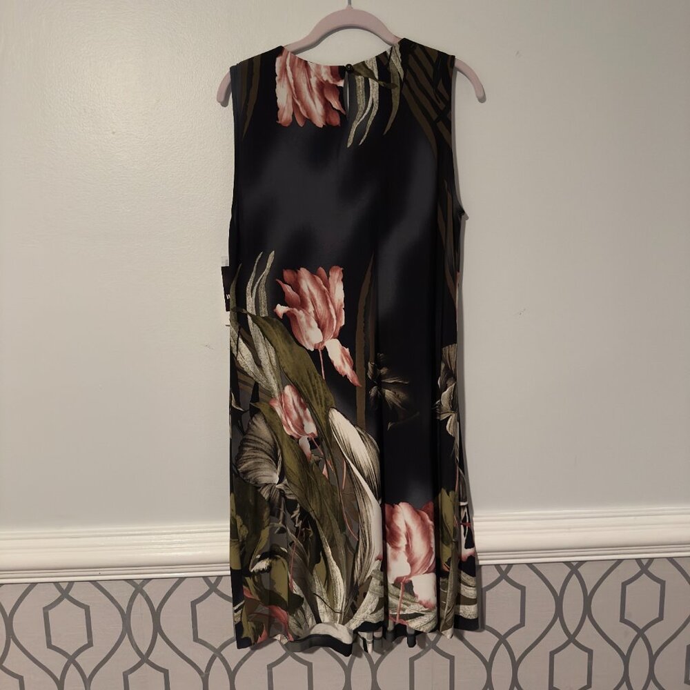 NWT Sandra Darren SZ14 Green, Black Pink Floral Beaded Neckline Sleeveless Dress - Picture 3 of 12